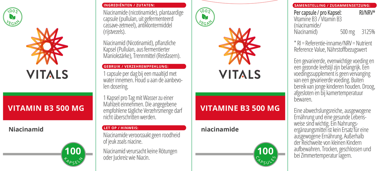 VITALS VITAMINE B3 500 MG 100 CAPSULES
NIACINAMIDE
