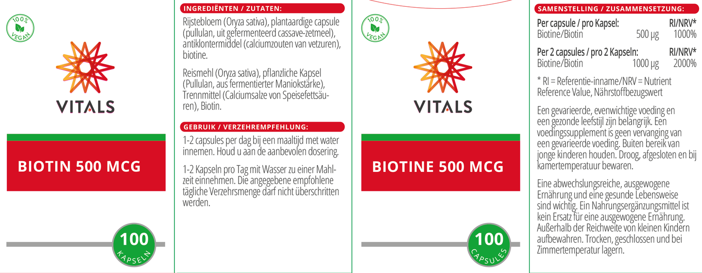 VITALS BIOTINE 500 MCG 100 CAPSULES
VITAMINE B8